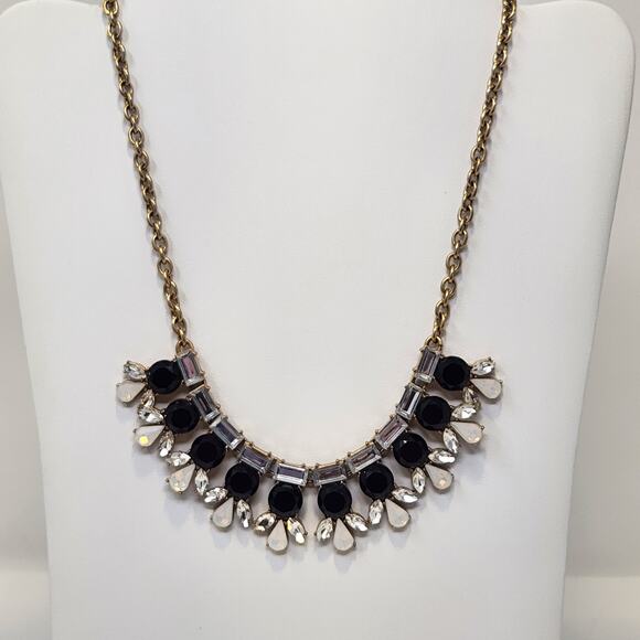 J Crew Black Opaque Rhinestone Statement Necklace Gold Tone Chain Adjustable - Picture 1 of 6